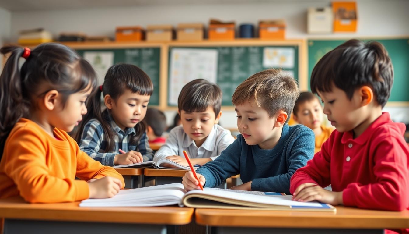 Students studying together in modern classroom